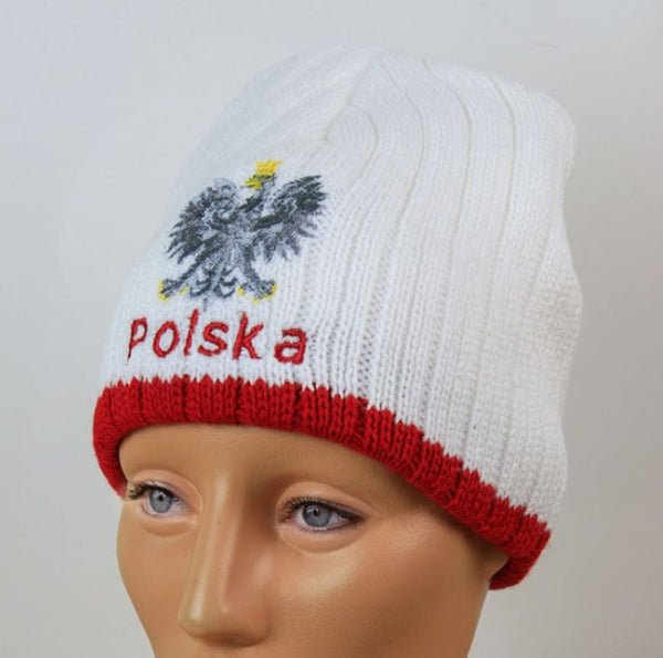 Polska- White Wide Pinstripe Knit Winter Hat With Eagle