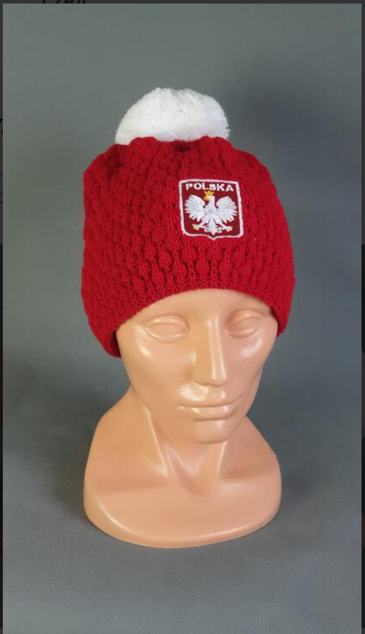 Polska - Women's Red Winter Hat with Eagle and Pom Pom