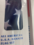 All American USA Banner 5”Foot 1” Diameter Hard Wood Flag Pole Set With Wood Ball Top